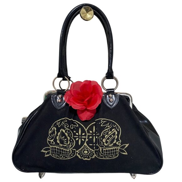Lux de Ville SUGAR SKULLS LUCKY ME KISSLOCK Handbag In Black - Picture 1 of 7